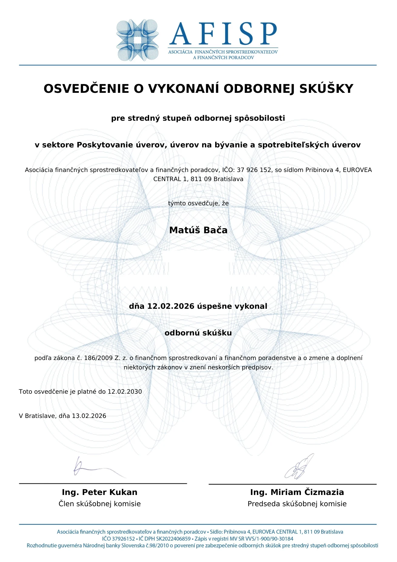 Osvedčenie Matúša Baču – poskytovanie úverov a úverov na bývanie
